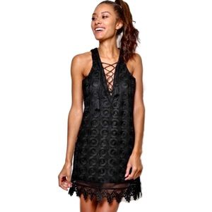 NEW LOVERS + FRIENDS BLACK LACE-UP CROCHET MINI DRESS